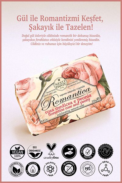 Nesti Dante 250Gr Romantica Florentine Rose & Peony Solid Soap - Moisturizing, Rose and Peony Extract