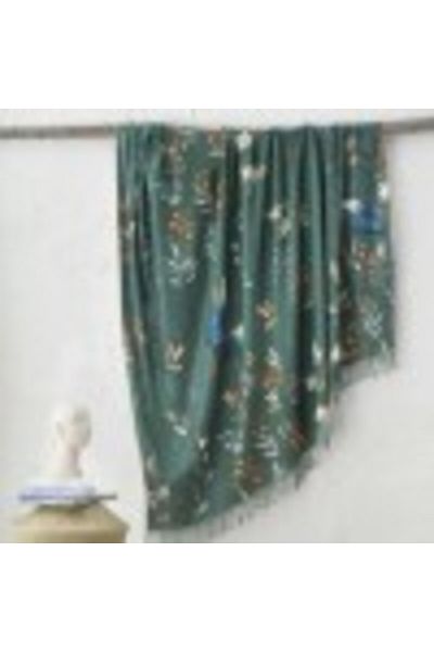 Club Cotton Luxury Blanket with Tassels 220 x 240cm, Boho Renna Green with Leaves