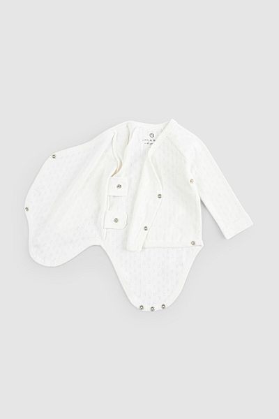 Little Gusto Ecru Double Breasted Bodysuit - Organic Cotton, Long Sleeve Pointel