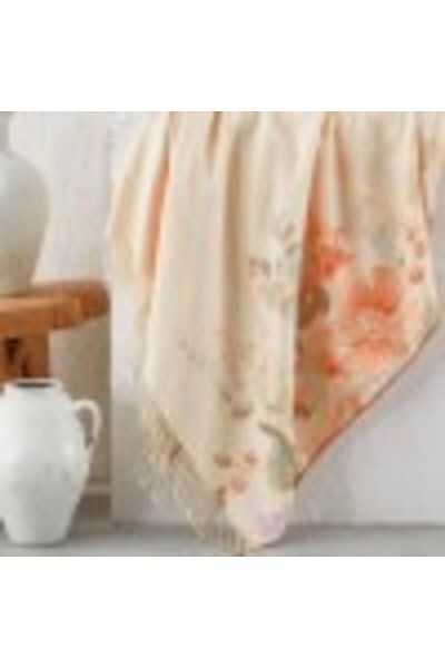 Club Cotton Luxury Blanket with Fringes 220 x 240 cm, Boho Zeya Cream with Floral Design