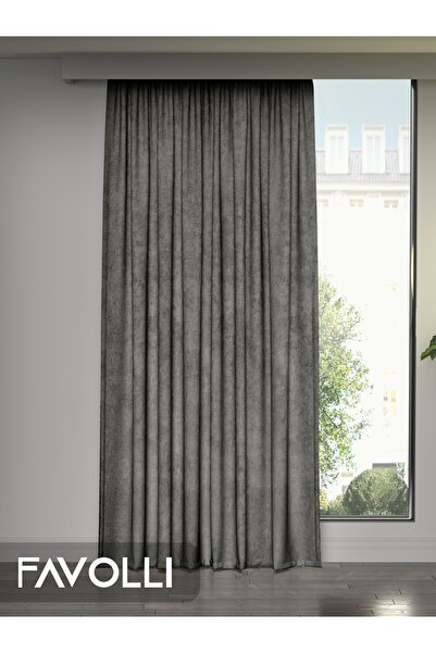 FAVOLLİ Kadife Dokulu Gri Ada Fon Perde Ekstrafor Büzgülü Dream Series