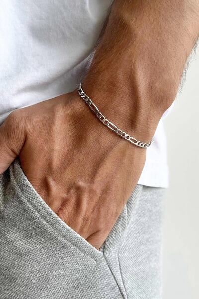 The Collection سوار من الفولاذ الفضي بسلسلة فيجارو مقاوم للتلطيخ للجنسين