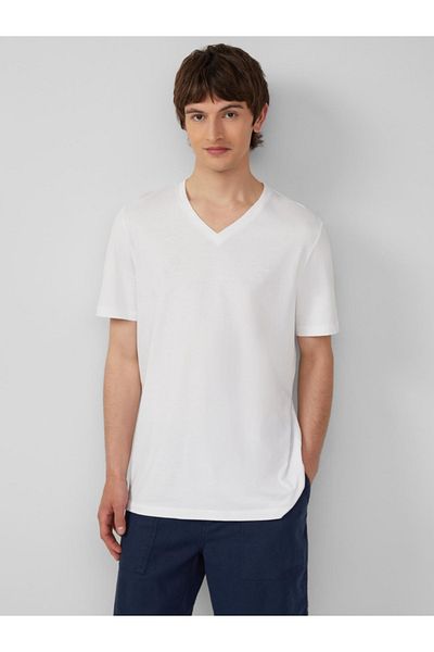 s.Oliver Men's V-neck T-shirt, Regular Fit, Cotton, White, 2xl