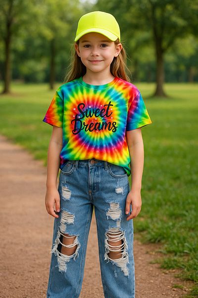 Hilal Akıncı Kids Bluză colorată pentru fete, blugi rupti, pălărie neon Capri, set de trei piese
