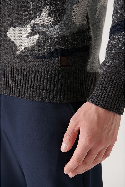 Avva Grauer Jacquard-Wollpullover mit Rundhalsausschnitt für Herren A22y5045