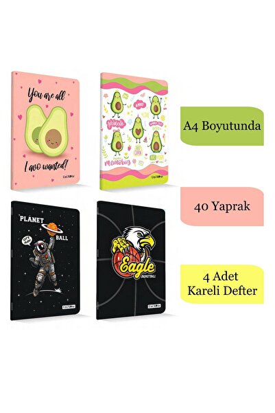 Çınar Çınar Uninote A4 40 Yaprak Karton Kapak Dikişli Defter Kareli 4 Adet