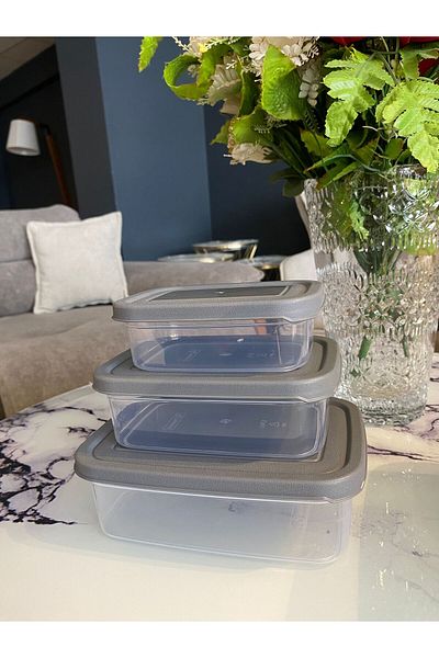 Doğuş Mutfak 3 Pieces Rectangular Food Storage Container - Microwave Suitable Organizer Organizer Gray
