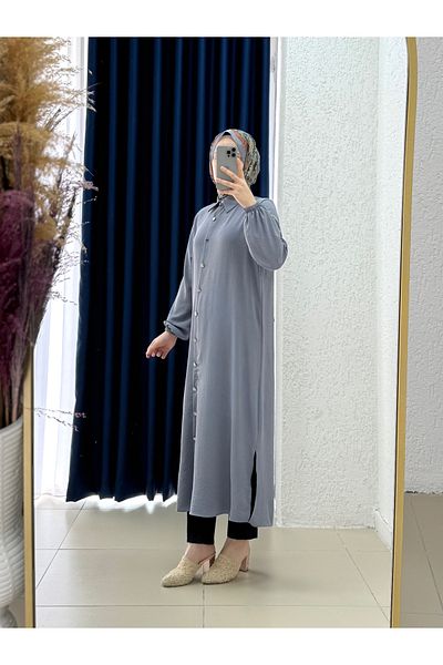Ebrar Store Treva Front Metal Buttoned Side Slit Tunic-Fa876 Gray