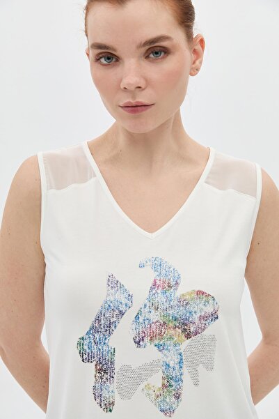 DAIDO Μονόχρωμο εμπριμέ με πέτρα στον ώμο με γαρνιτούρα σιφόνι