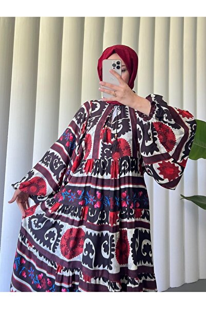 Modamorfo V-Neck Lace-Up Bat Sleeve Viscose Dress - Burgundy