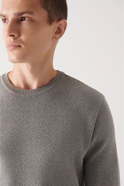 Avva Men's Khaki Crew Neck Patterned 100% Cotton Knitwear Sweater A22Y5064