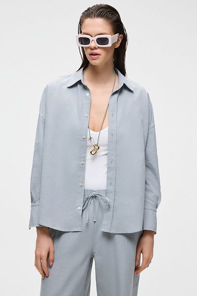 GRIMELANGE Vesta Women's 100% Cotton Linen Look Flared Oversize Gray Shirt