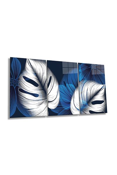 Rosyvien Set de 3 piese cu frunze albastre albe moderne abstracte, pictură pe sticlă, decor de perete pentru casă și birou, cadou de lux