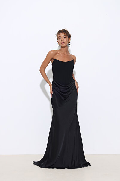 Mozto Isabella Corset Detail Draped Black Evening Dress with Train