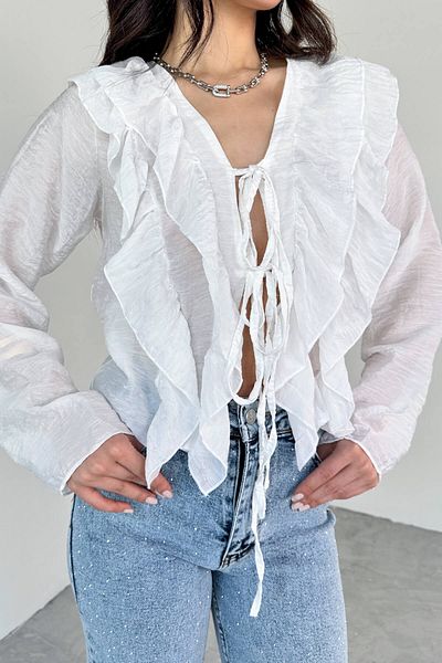 Cappmoda BLZ-06287 Λευκό βολάν Λεπτομερής μακρυμάνικη μπλούζα με κορδόνια