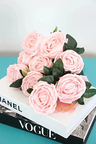 yapay çiçek evi Yapay Çiçek 9lu Kat Kat Gül Demeti 42 Cm Pudra Pembe lodos gülü