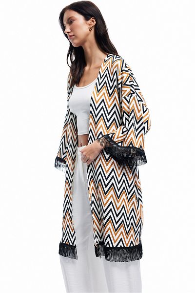 Koton Comfortable Fit Tasseled Geometric Patterned Long Kimono