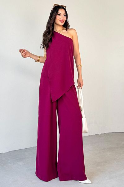 Cappmoda TKM-13291 بلوزة منسدلة بكتف واحد من البرقوق، بنطال واسع الساق مرن، طقم مكون من قطعتين