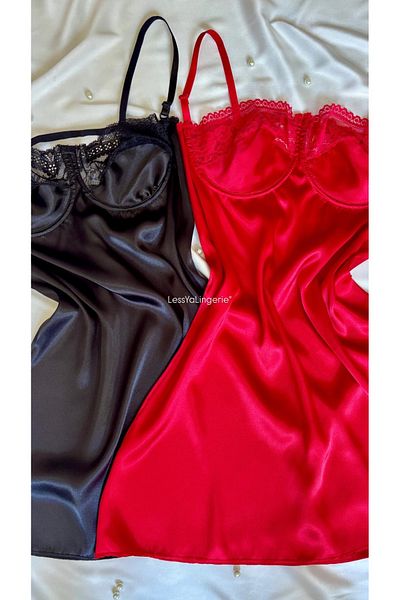 Lessya 2 Piece Satin Nightgown Red and Black