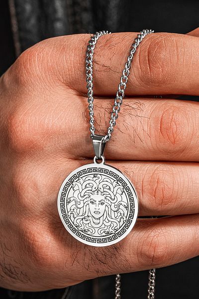 OSMANLI GÜMÜŞ Steel Aether Steel Men's Necklace Greek God Medusa Embroidered Round Plate Does Not Tarnish