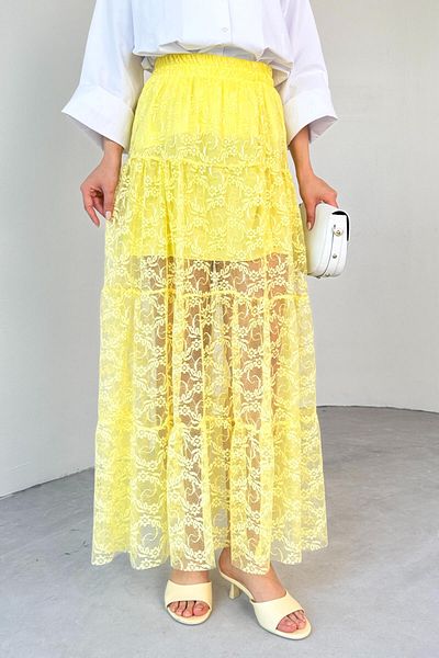 Cappmoda ETK-02336 Fusta de vară din tul cu modele florale, cu căptușeală galbenă