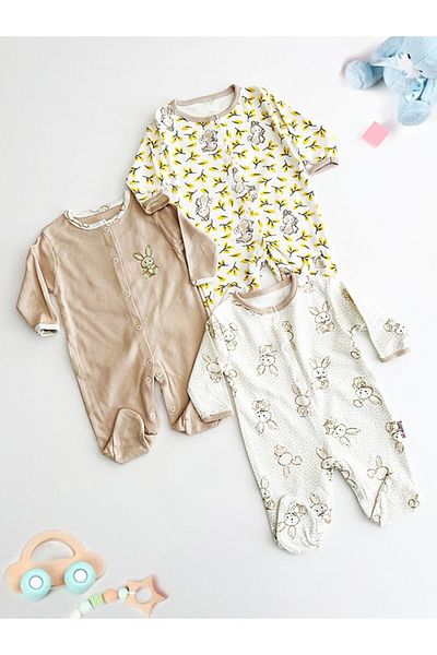 ENİA BABY Baby Girl Printed Cotton Booties 3-Piece Jumpsuit Set Colorful Patterned Baby Outfit