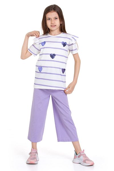 CiciTime Çocuk Modası Girl's Sleeve Ruffled Heart Embroidered Daily Comfortable Summer Suit