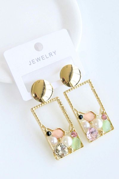 Leo'Stone New Season Frame Dangle Colorful Zircon Stone Design Does Not Tarnish Does Not Lose Color Women's Steel Earrings