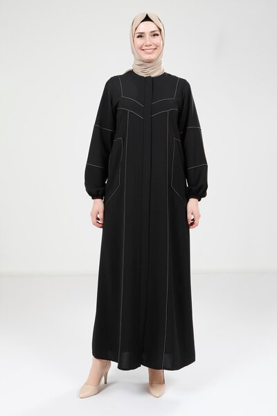 Beyza Çizgi Detaylı Cepli Siyah Ferace 9324