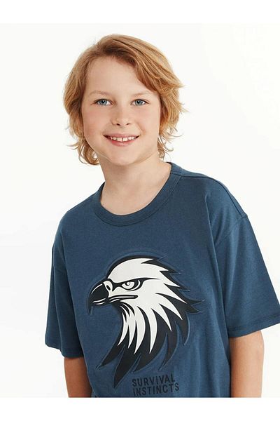 LC Waikiki Lcw Kids Indigo Crew Neck Printed Combed Cotton Boys' T-Shirt