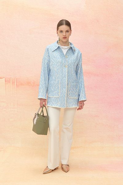 Nihan Brooch Detailed Jacquard Jacket Blue