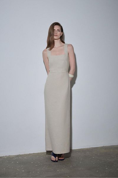 Suud Collection Φυσικό λινό φόρεμα Monik με τετράγωνο γιακά