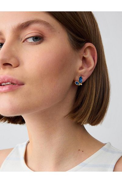 Jimmy Key Blue Enamel Detailed Butterfly Figured Earrings
