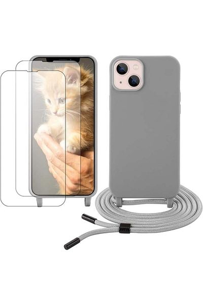 Karll Case set with cord and 2 glass protectors for iPhone 13, silicone/textile, gray, 6.1 inches