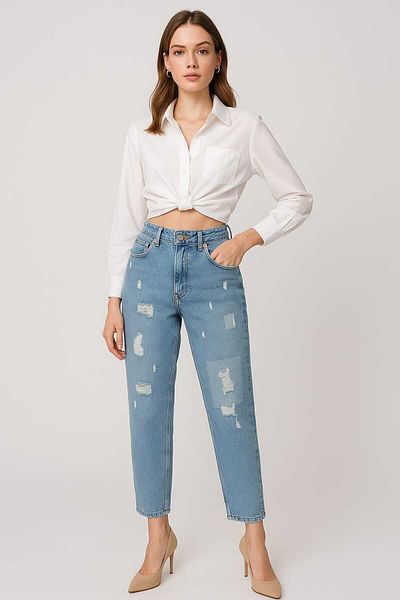 gigigiyim Femeie Mom Jean Blue cu detaliu de unghii