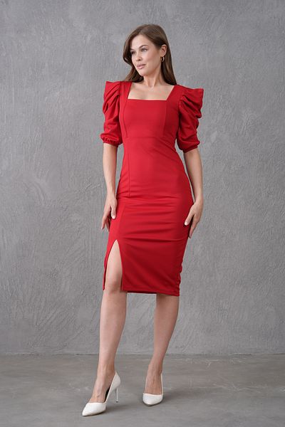 lovebox Flexible Crepe Fabric Shoulder Detailed Square Neck Midi Length Red Evening Dress & Graduation Dress 026