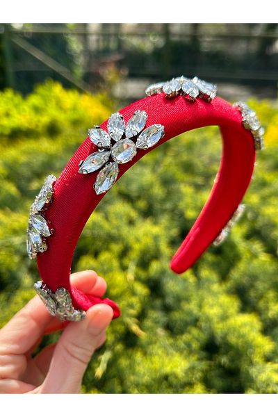 ByMerve Evening Dress Women's Graduation Henna Slim Model Chandelier Stone Red Crown Hair Accessory