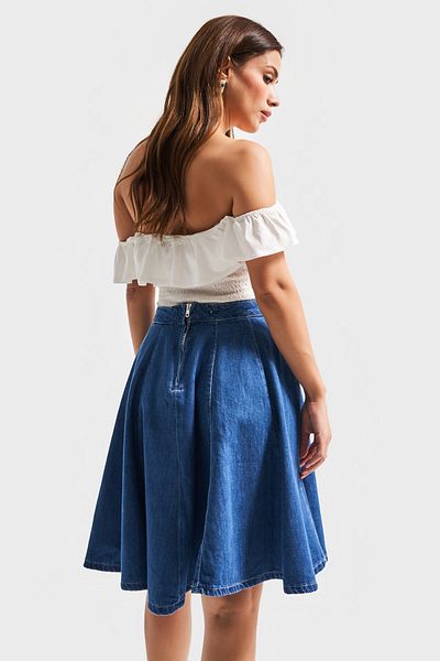 its basic Women's Blue Color 1S5-5 Flounce Midi Length 100% Cotton Denim Skirt