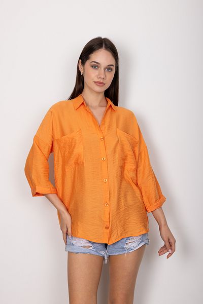 Stil Sepeti Women's Orange Double Pocket Fakir Sleeve Bodrum Fabric Summer Shirt Tll-10005690147