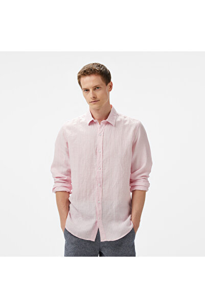 Nautica Erkek Pembe Classic Fit Çizgili Keten Gömlek