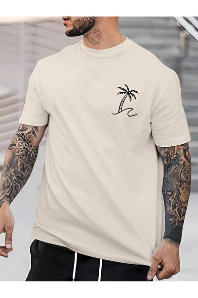 EYAX MODA Tricou pentru bărbați Yakada cu imprimeu palmier și guler tip crewneck