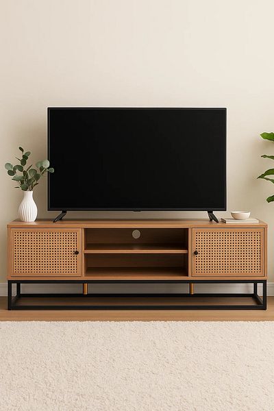 MARIA HOMES Natural Wood TV Stand with Woven Rattan Doors and Metal Frame – 160x39x48cm Media Console