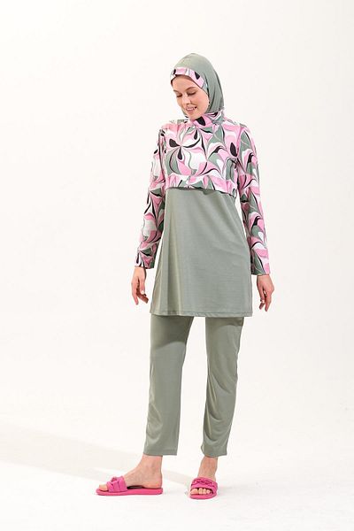Plistre 2156_Women Patterned Full Covered 3 Piece Set Sea/Pool Hijab Swimsuit