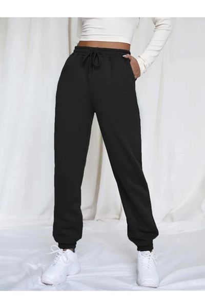 Modaflow Pantaloni de sport negri pentru femei, cu buzunar elastic în talie