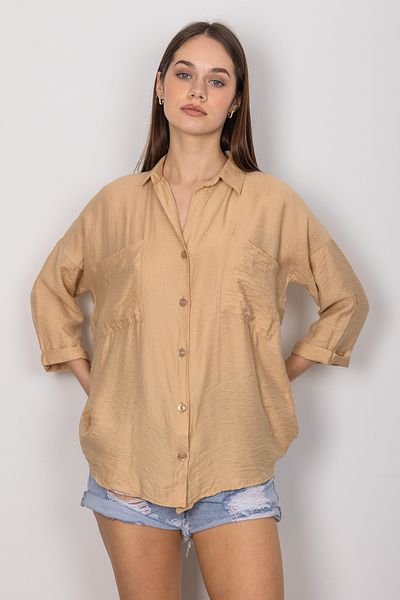 stilsepeti Women Beige Double Pocket Fakir Sleeve Bodrum Fabric Summer Shirt Tll-10005690147