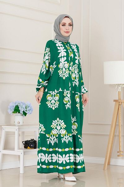 Sevitli Half Buttoned Robe Belinay Dress-Green