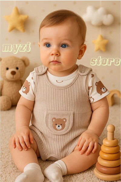 MYZİ STORE طقم رومبير للأطفال الأولاد مكون من 3 قطع - طقم سالوبيت وجوارب قطنية منقوشة على شكل دب بادي مطرزة باللون الأخضر