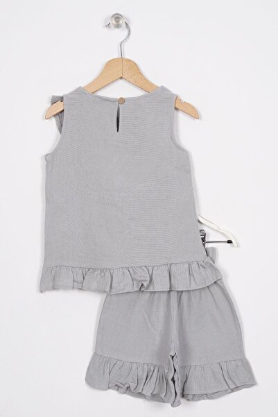 zepkids Gray Color Girl's Shorts Suit with Zero Sleeve Front and Hem Ruffle Detail