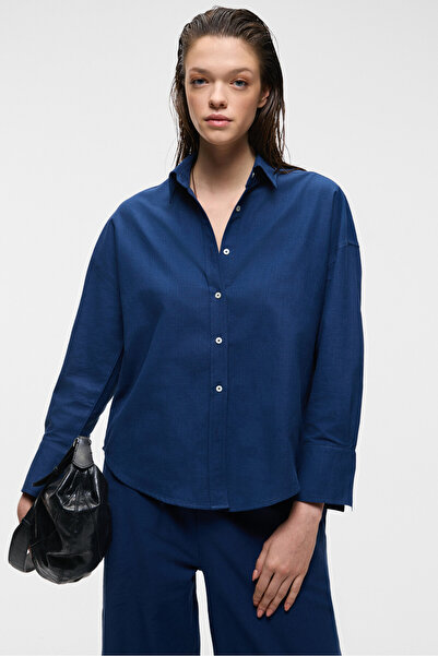 GRIMELANGE Vesta Women's 100% Cotton Linen Look Flared Oversize Navy Blue Shirt