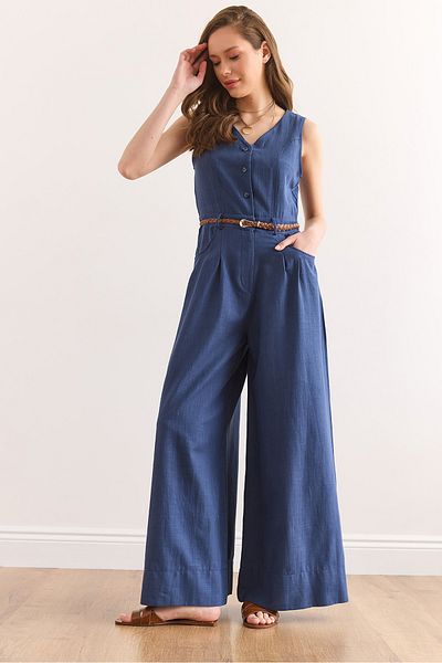 Olalook Women's Indigo Buttoned Pocket Belted Wide Leg Jumpsuit Tlm-19000157